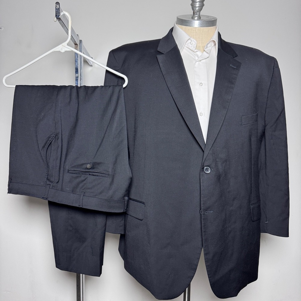 Awearness Kenneth Cole Suit Mens 58R 43x27 Black Solid Stretch Wool Two Button